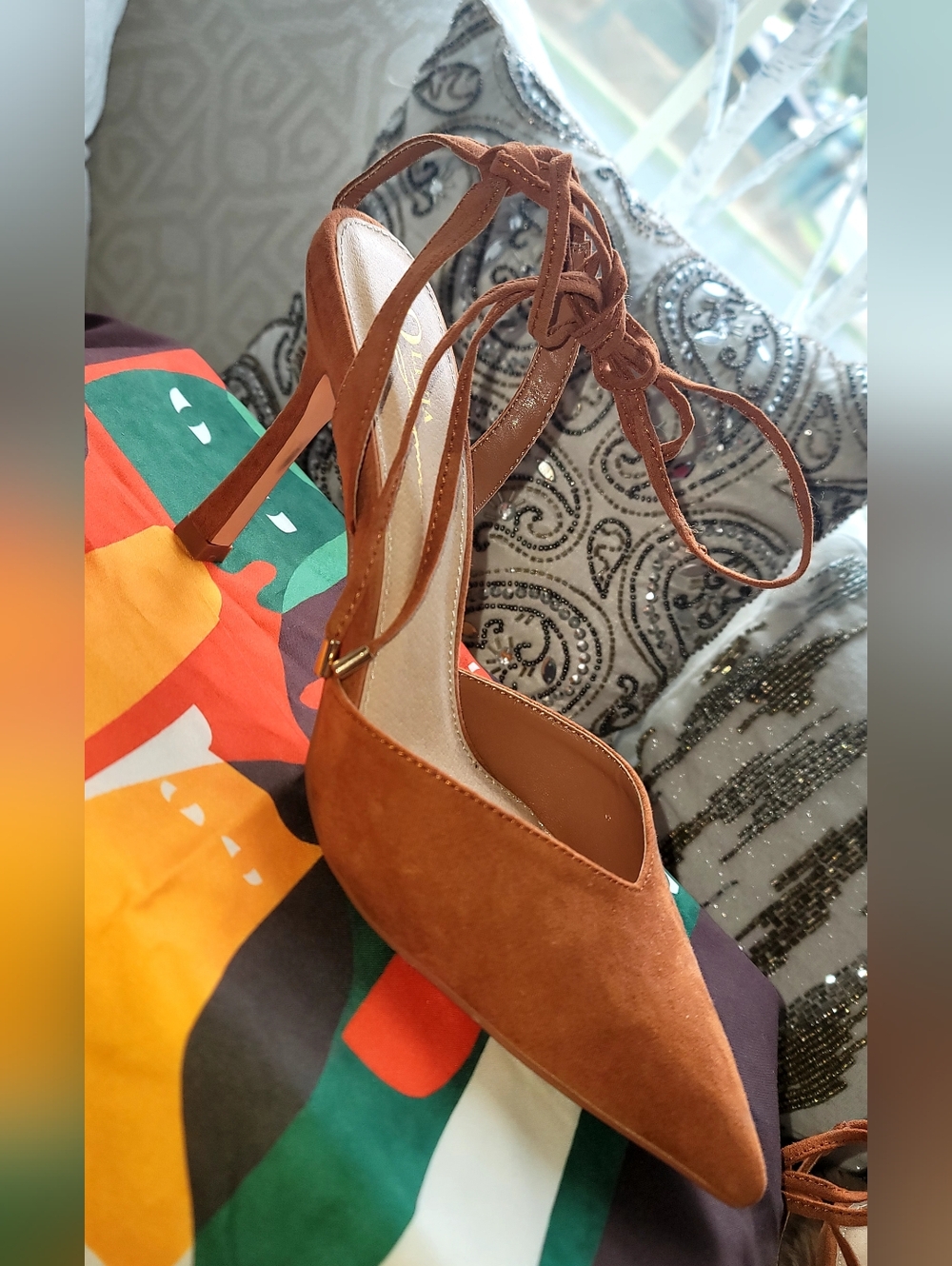 Women's Pointed Toe Lace-Up High Heel Pumps - Cognac Brown Suede